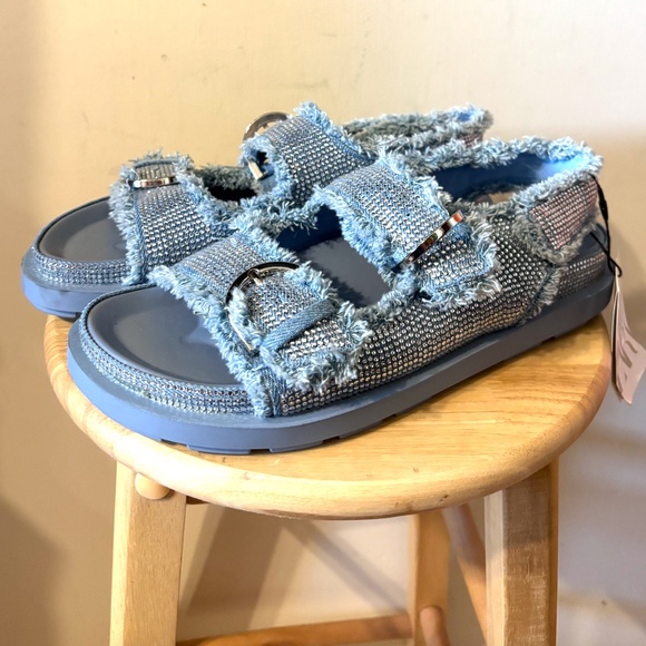 Zara rhinestone denim flat sandals NWT - Picture 2 of 8